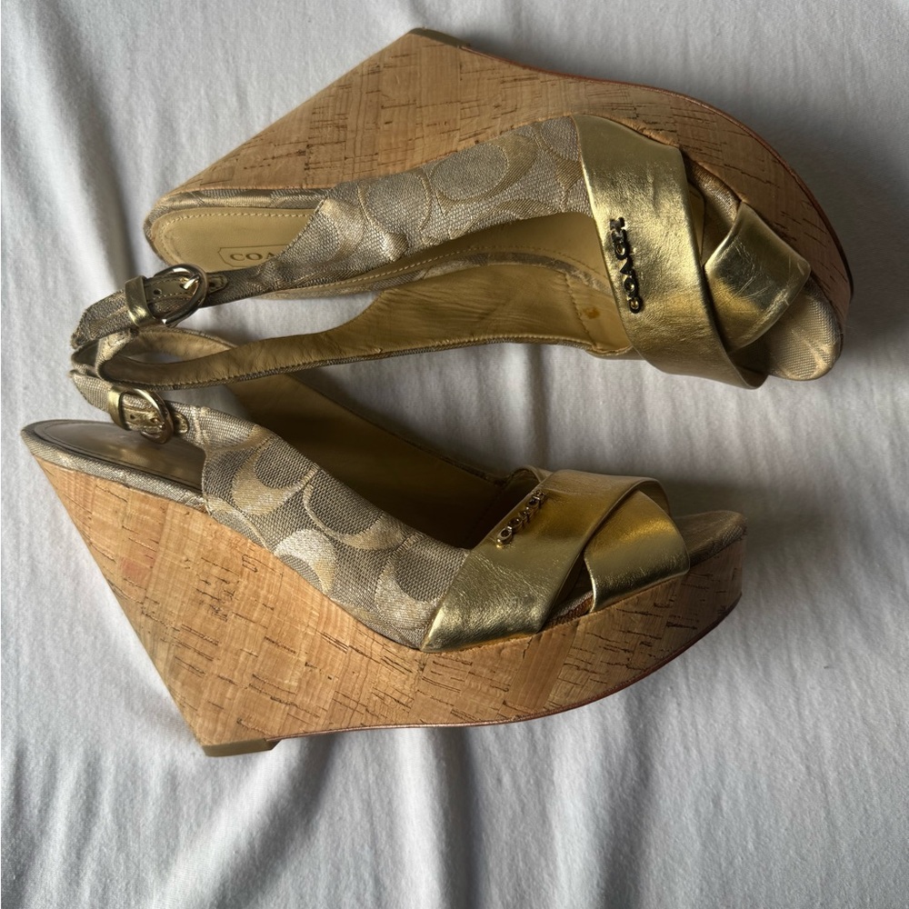Coach Metallic Gold Wedge Sandals
